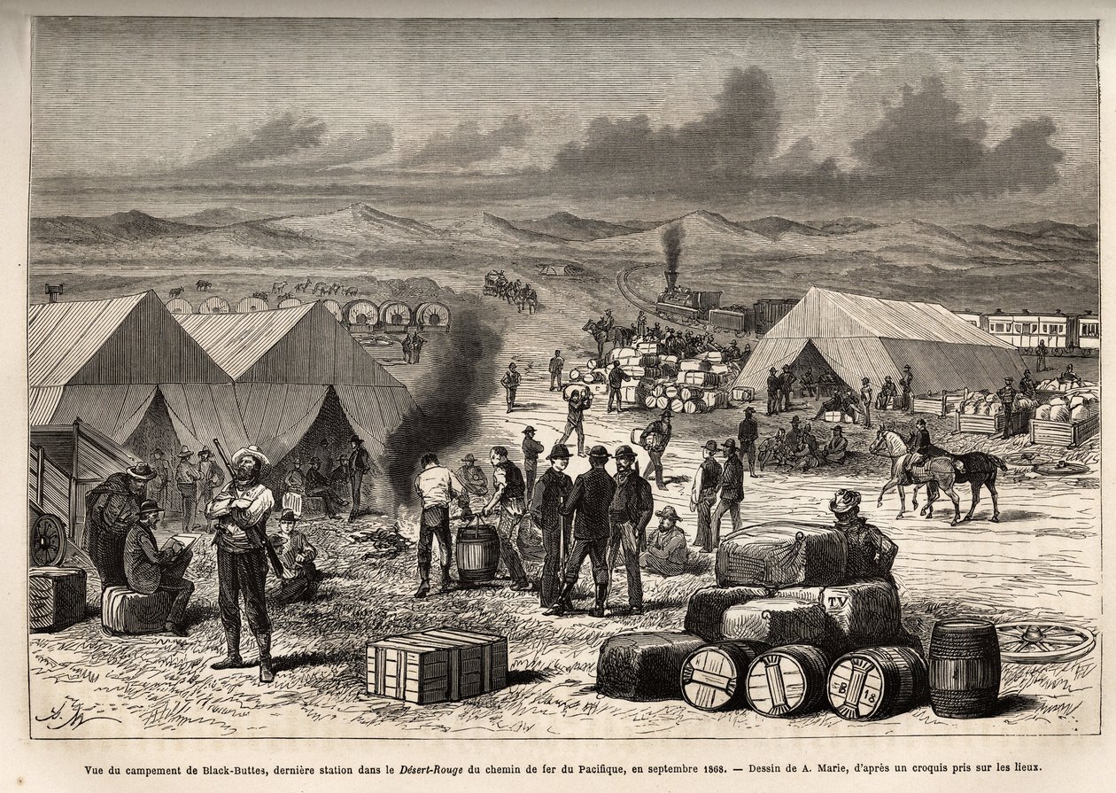 View of the Black Buttes camp, last station in the red desert (Mojave desert) of the Pacific Railway, in September 1868, engraving after the drawing of A.Marie, illustrating the voyage from Washington to San Francisco, in 1868, by L. Simonin, published in  作者 艾德里安·伊曼纽尔·玛丽