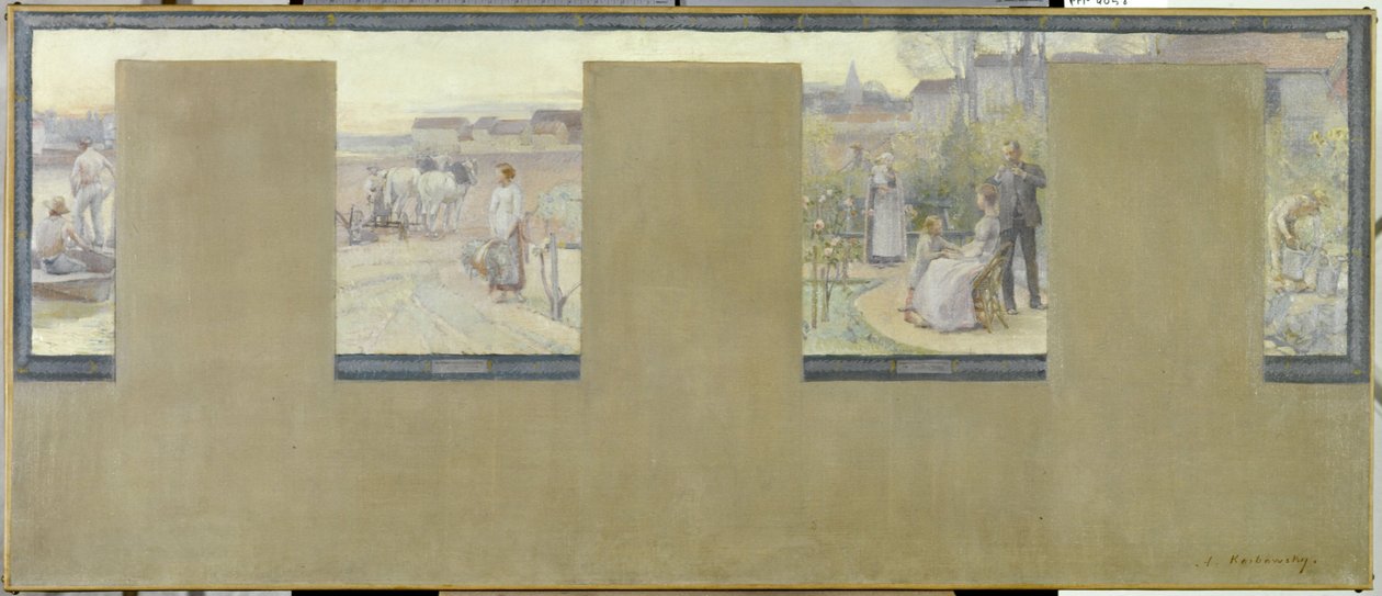 马恩河畔诺日朗市政厅草图：Le canotage - le labourage - la villégiature - le jardinage，1889 年（布面油画 (armure) 作者 阿德里安·卡波斯基（Adrien Karbowsky）