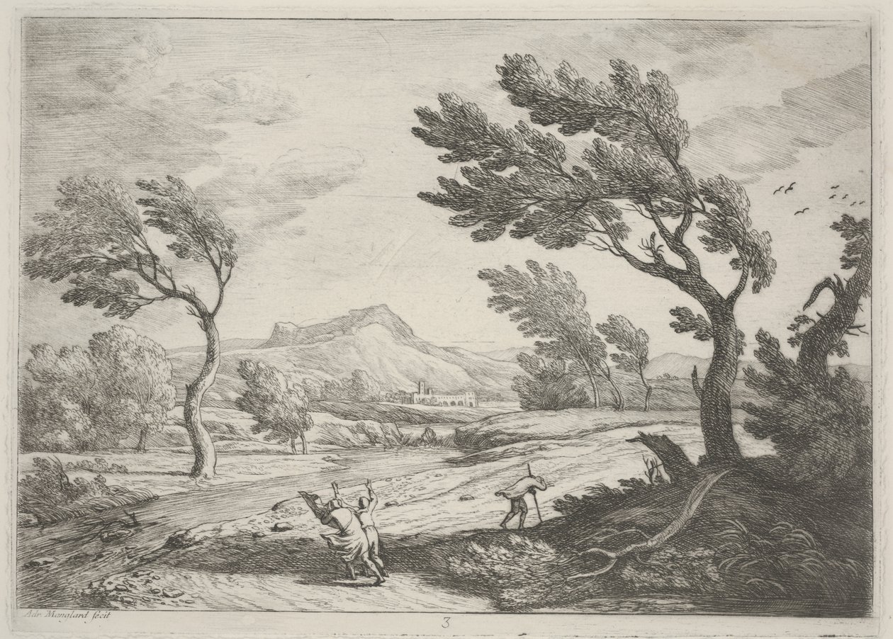 风景如画，伴有旅行者在狂风中，c.1753（蚀刻） 作者 阿德里安·曼格拉德（Adrien Manglard）