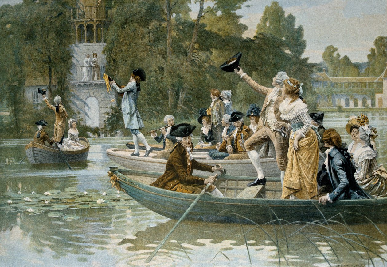 Serenade au Peer Trianon，向玛丽·安托瓦内特 (1755-1793) 女王致敬的小夜曲插图，1789 年之前，由 Adrien Moreau (1843-1906) 雕刻 作者 阿德里安·莫罗（Adrien Moreau）