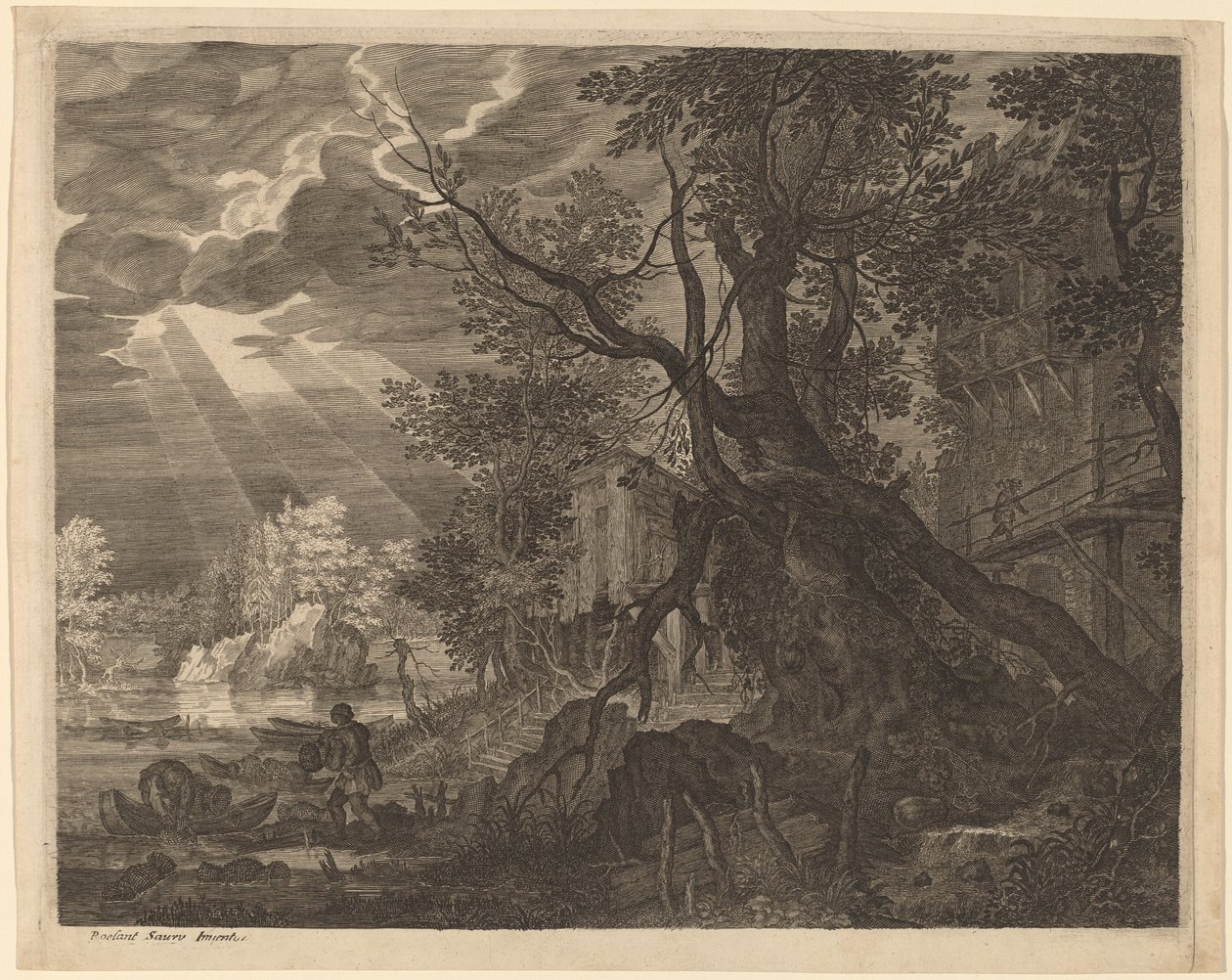 月光下钓鱼的男人风景 作者 在 Roelandt Savery 之后的 Aegidius Sadeler II