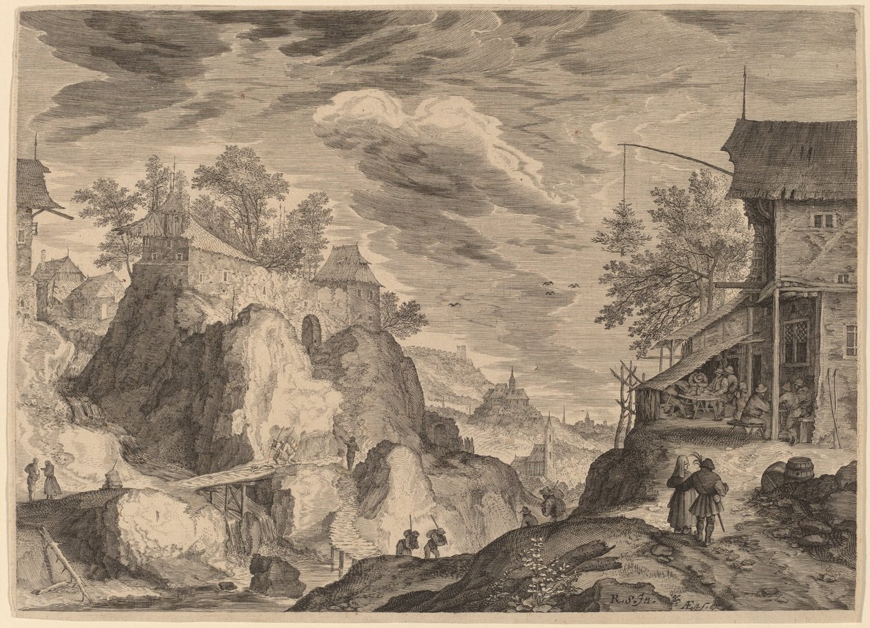 风景，右侧为旅馆，左侧为岩石上的房屋 作者 在 Roelandt Savery 之后的 Aegidius Sadeler II