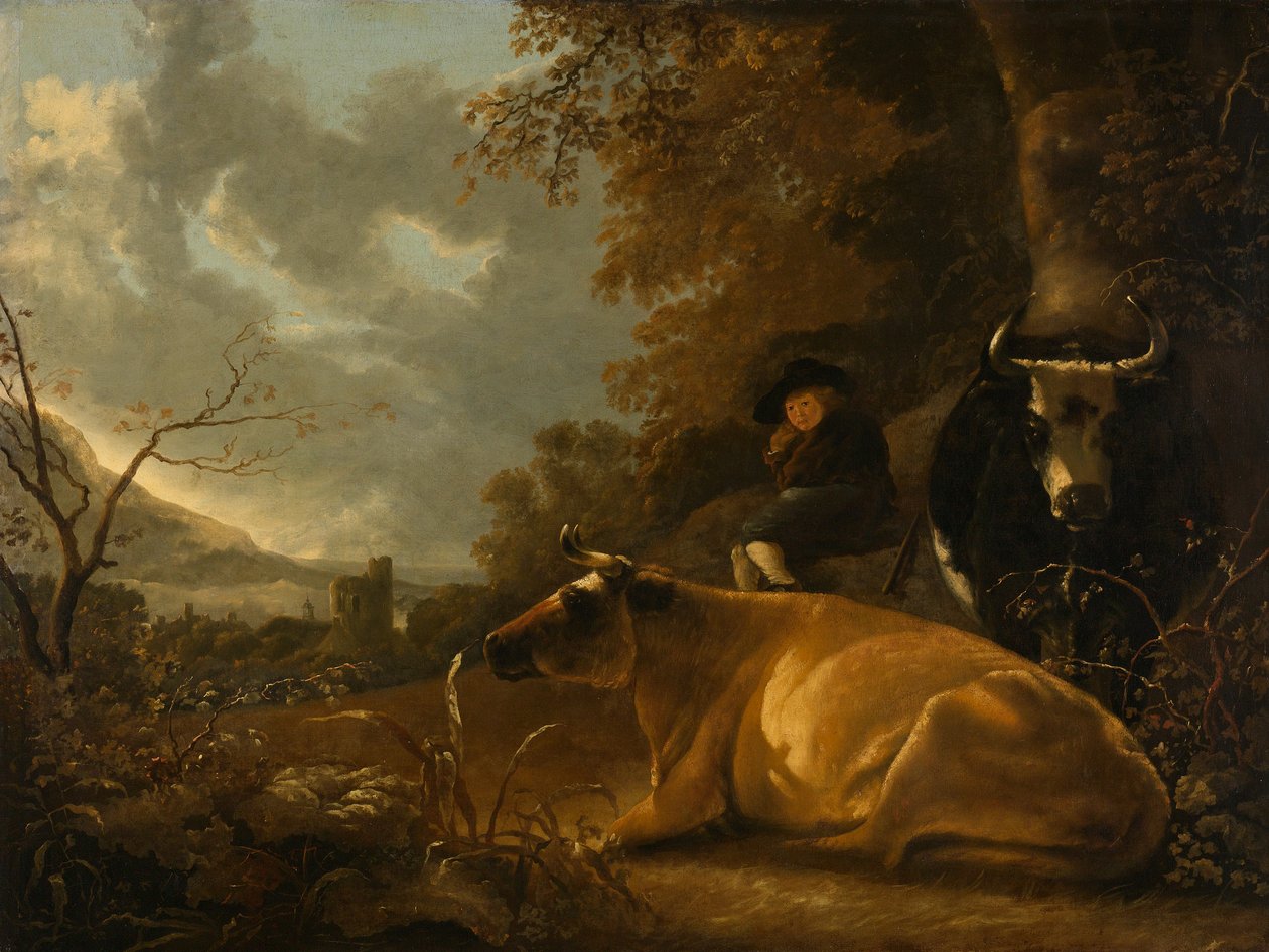 与母牛和牧羊人男孩的风景 作者 艾伯特·奎普（Aelbert Cuyp）