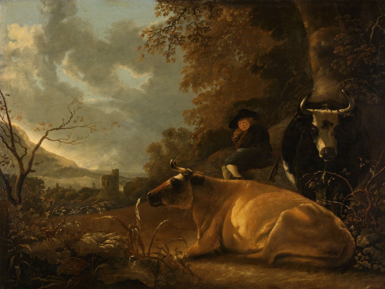 有奶牛和年轻牧民的风景画 作者 Aelbert Cuyp (人)