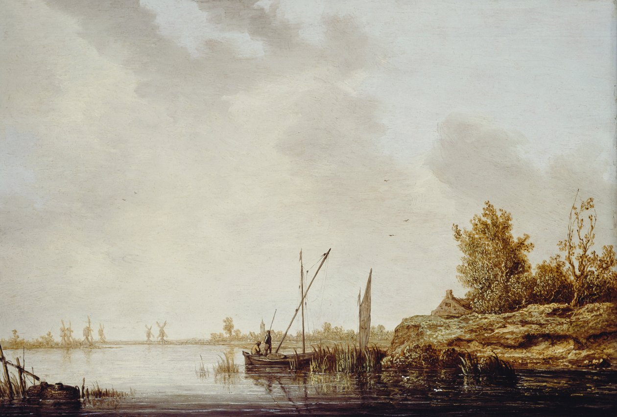 远处风车的河景，约1640-42年 作者 艾伯特·奎普（Aelbert Cuyp）