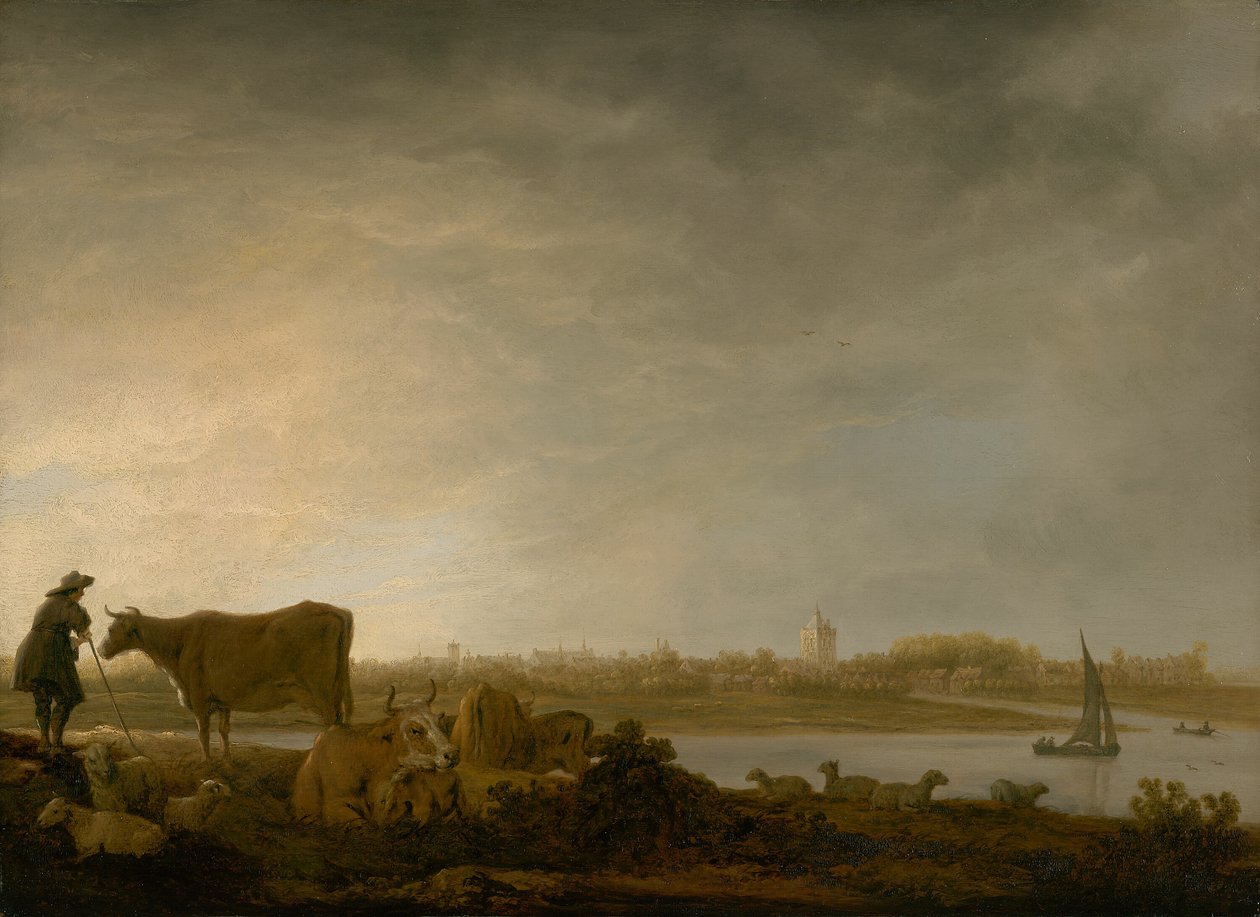 维亚宁的景色与河边的牧民和牛群 作者 艾伯特·奎普（Aelbert Cuyp）