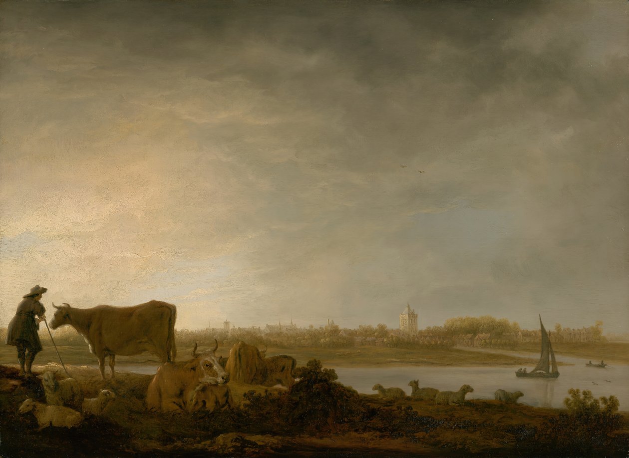 维安恩与河边的牧民和牛的景色，约164345。 作者 艾伯特·奎普（Aelbert Cuyp）