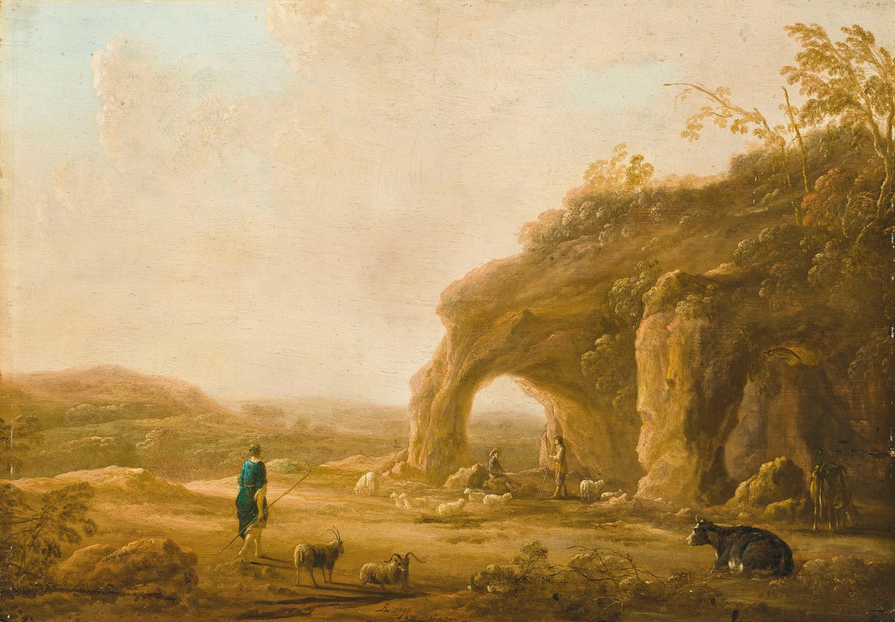 意大利风格的风景画，石窟旁的牧羊人 作者 艾伯特·奎普（Aelbert Cuyp）