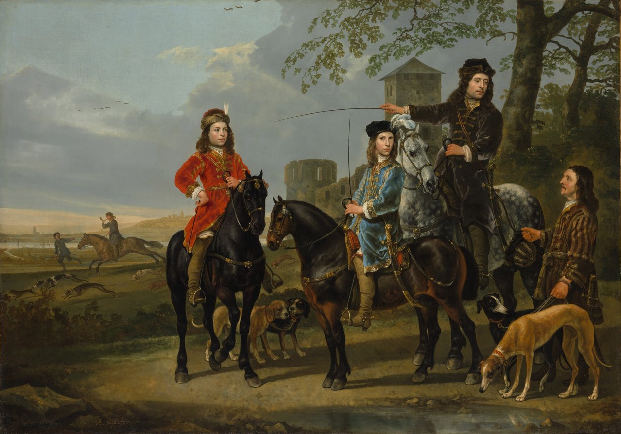 Cornelis和Michiel Pompe van Meerdervoort的马术肖像与他们的导师和车夫，为亨特开始，c.1652-53 作者 艾伯特·奎普（Aelbert Cuyp）