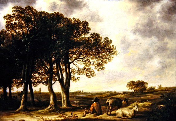 阿姆斯特丹远景中的牧羊人（板画油画） 作者 艾伯特·奎普（Aelbert Cuyp）