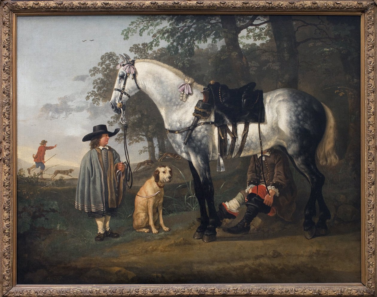 在风景的灰色马。 Albert（Aelbert 或 Aelbrecht）Cuyp（1620-1691）的绘画，布面油画，大约 1650 年。荷兰艺术 作者 艾伯特·奎普（Aelbert Cuyp）