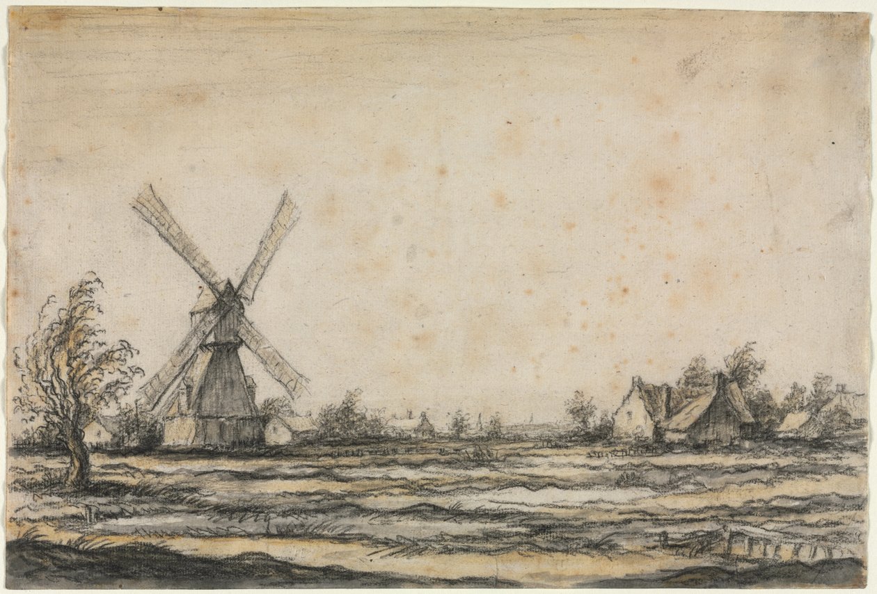 1642-1644年，在农庄附近用风车景观。 作者 艾伯特·奎普（Aelbert Cuyp）