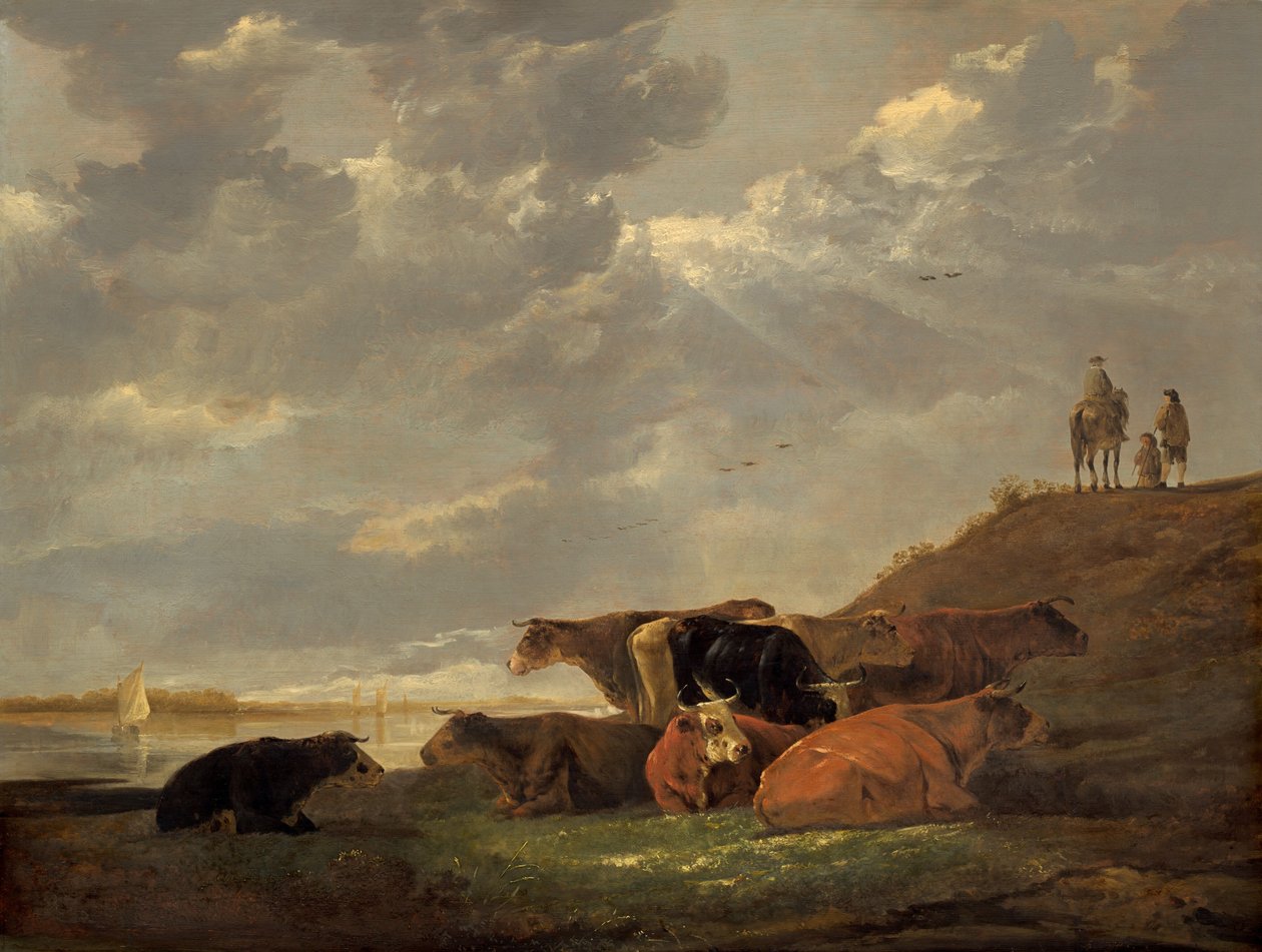 有牛的河流景观，16451650。 作者 艾伯特·奎普（Aelbert Cuyp）