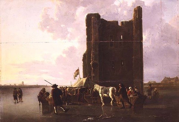 乡亲们在冰冻的马斯河上乘坐雪橇，在Huis te Merwede旁边。 作者 艾伯特·奎普（Aelbert Cuyp）