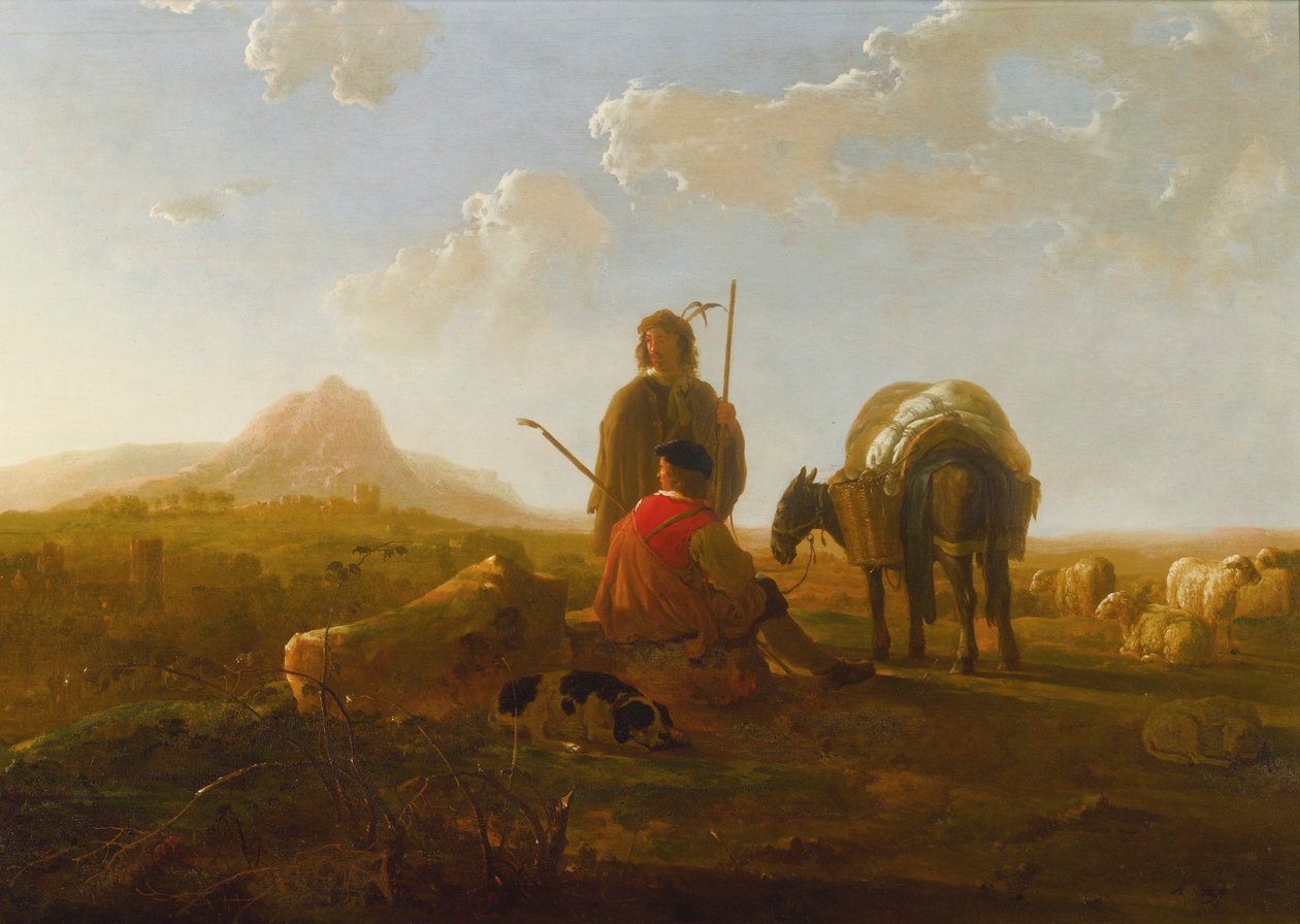 丘陵风景中的两个牧羊人 作者 艾伯特·奎普（Aelbert Cuyp）