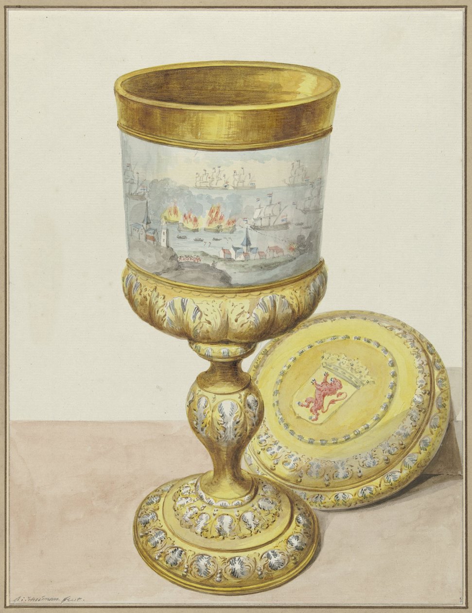 带盖金杯，1667 年科尔内利斯-德-威特航海至查塔姆时赠与他 作者 Aert Scouman（艺术家签名）