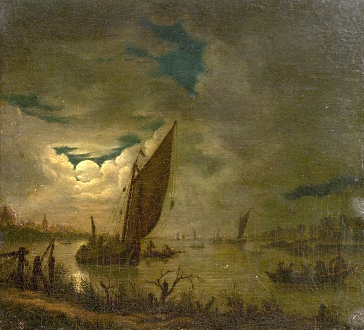 河景与船和人物（木板油画） 作者 Aert van der (模仿者) Neer