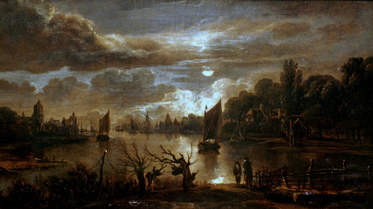 德语：Mondscheinlandschaft mit breitem Kanal 宽阔溪流的月光景观 作者 阿特·范德尼尔