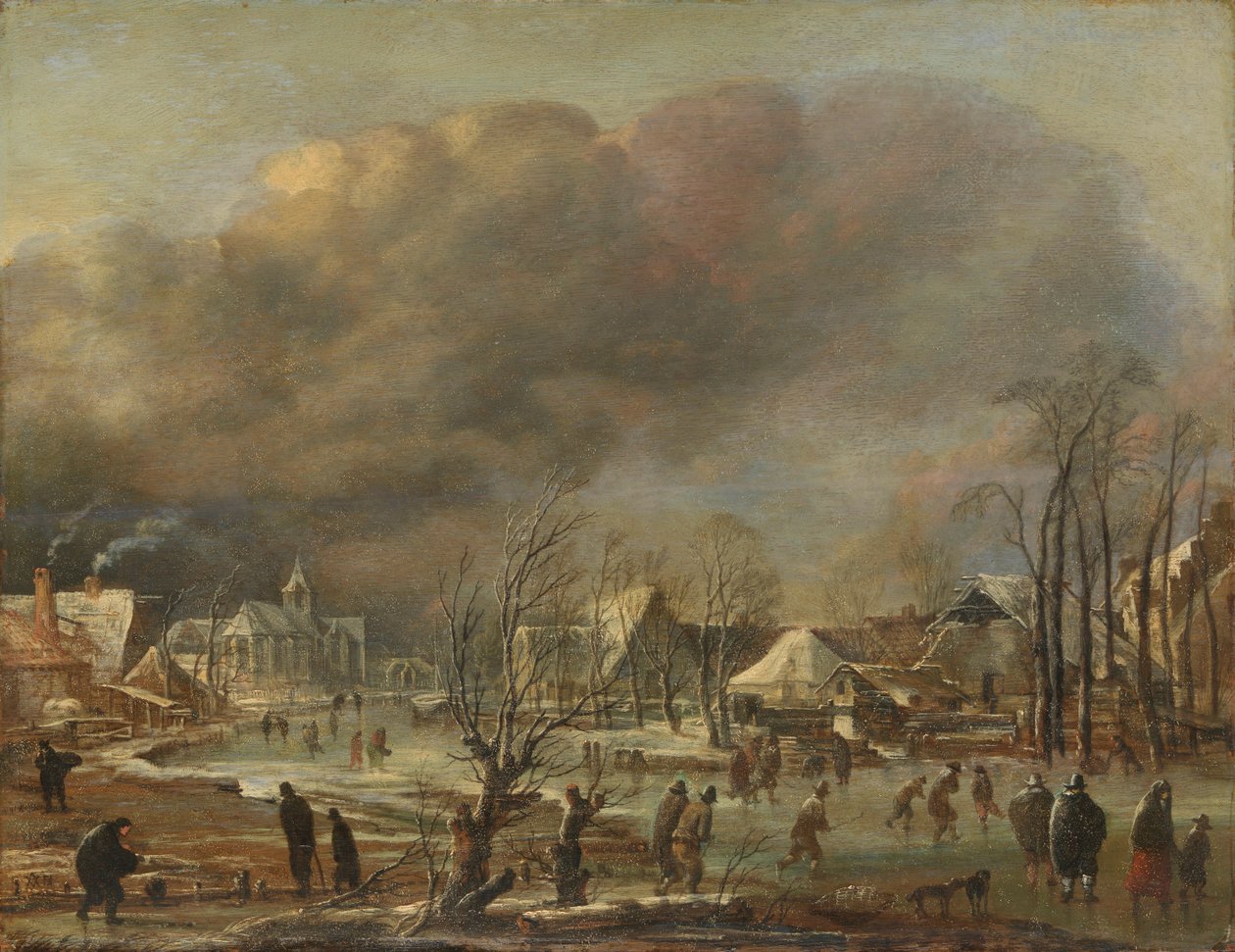 1630-77年，冰冻的运河旁村庄的降雪 作者 阿特·范德尼尔