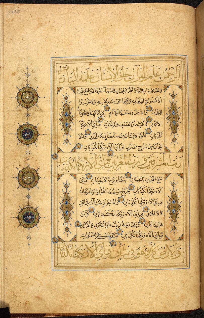 萨非古兰经》中的一页，书写于阿富汗赫拉特，采用 Thuluth 和 Naskhi 字体，书写日期为伊斯兰历 970 年/公元 1563 年，Or.13087，页 258r（纸张上的钢笔和墨水） 作者 阿富汗学校