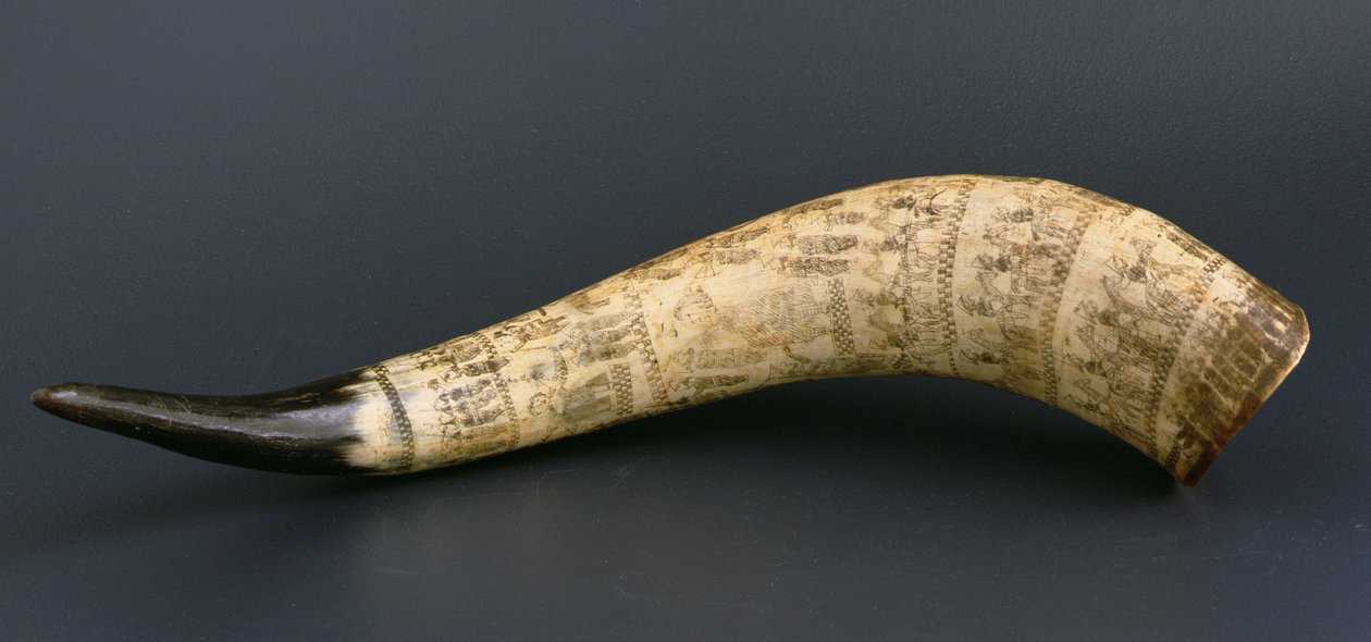 牛角刻有盎格鲁 - 祖鲁战争的场景，北恩古尼东南非，c.1879（牛角） 作者 非洲人