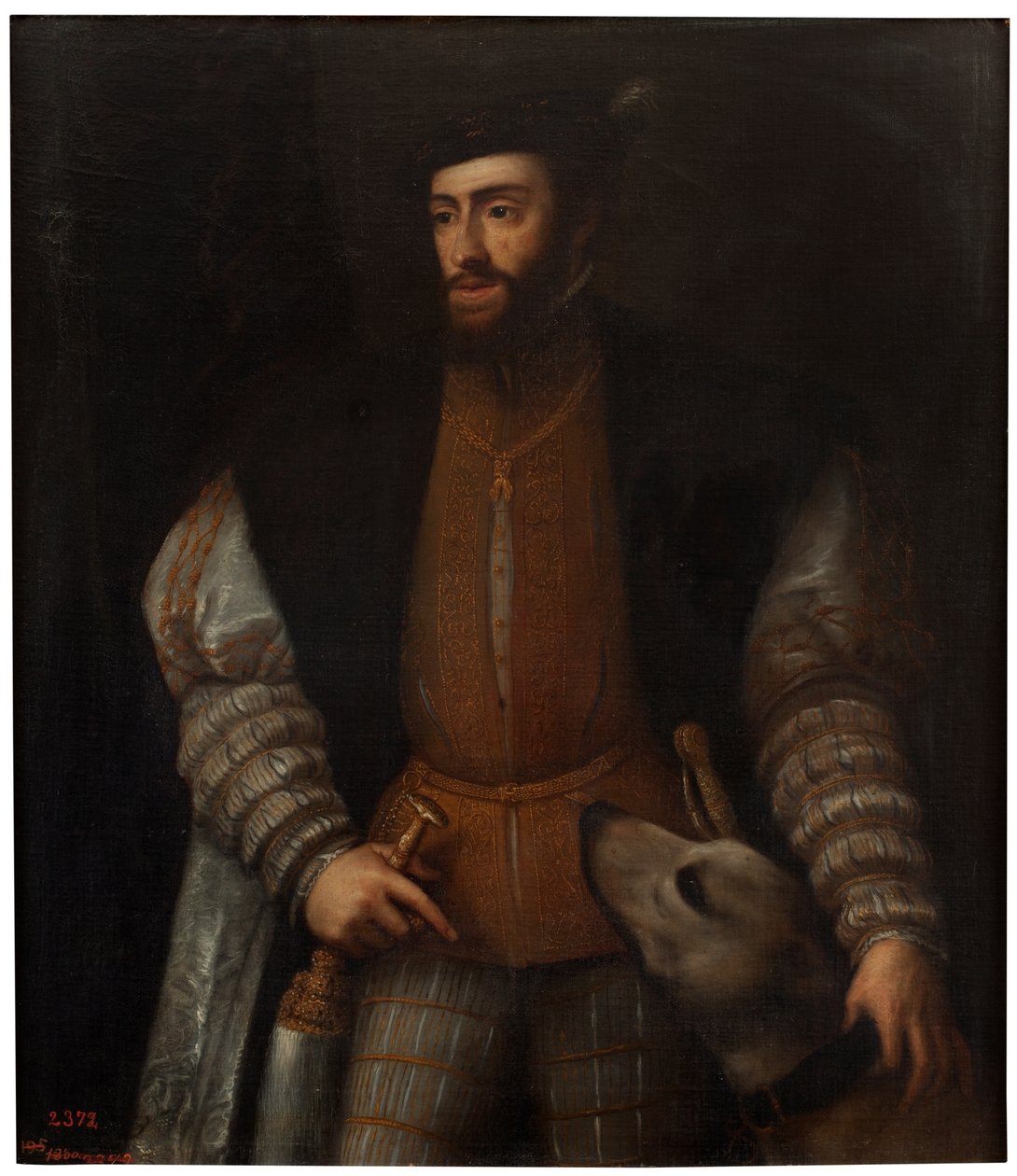 西班牙语  El emperador Carlos V con un perro 查理五世皇帝与狗 作者 提香之后