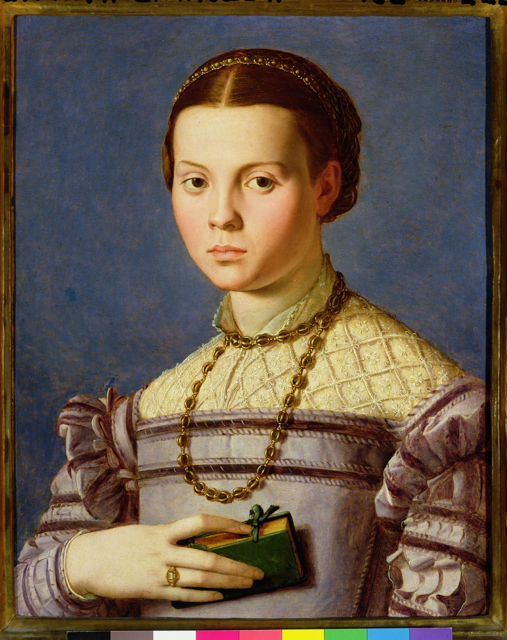 拿着一本书的年轻女孩的肖像c.1545（面板上的蛋彩画） 作者 Agnolo Bronzino