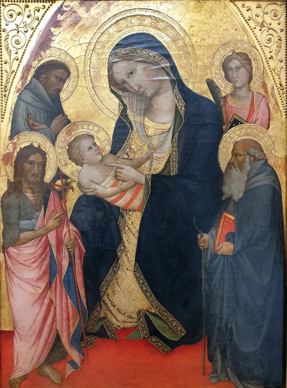 德语： Maria mit dem Kind und den Heiligen Johannes der Täufer、Franziskus、Antonius Abbas und einer weiblichen Märtyrerin 圣母与孩子、施洗者圣约翰、圣弗朗西斯、圣安东尼和一位烈士 作者 阿格诺·加迪（Agnolo Gaddi）