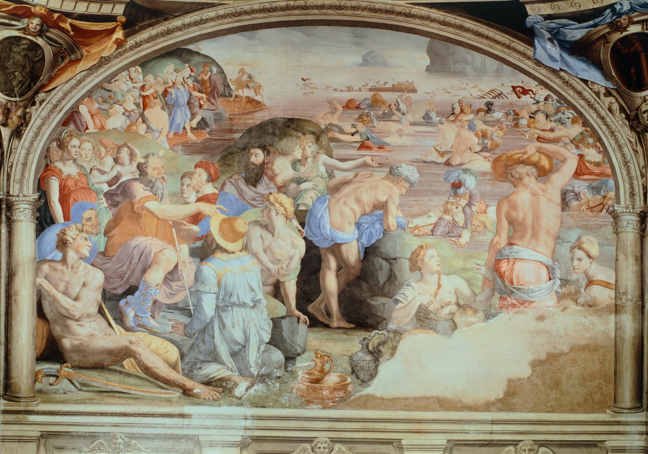 穿越红海，阿诺罗-布朗齐诺（1503-1572）的壁画。托莱多的埃莱奥诺拉礼拜堂，佛罗伦萨维基奥宫。意大利 作者 Agnolo Bronzino