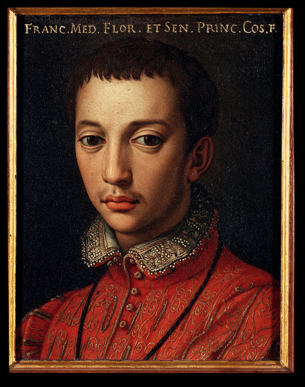 美第奇的弗朗索瓦一世 (Francesco I de Medici) (1541-1587) 小男孩画作 Allori Angelo di Cosimo dit Bronzino (1503-1572) 16 世纪太阳 15x12 厘米宫美第奇-里卡迪 (Medici Riccardi) 佛罗伦萨 作者 Agnolo Bronzino