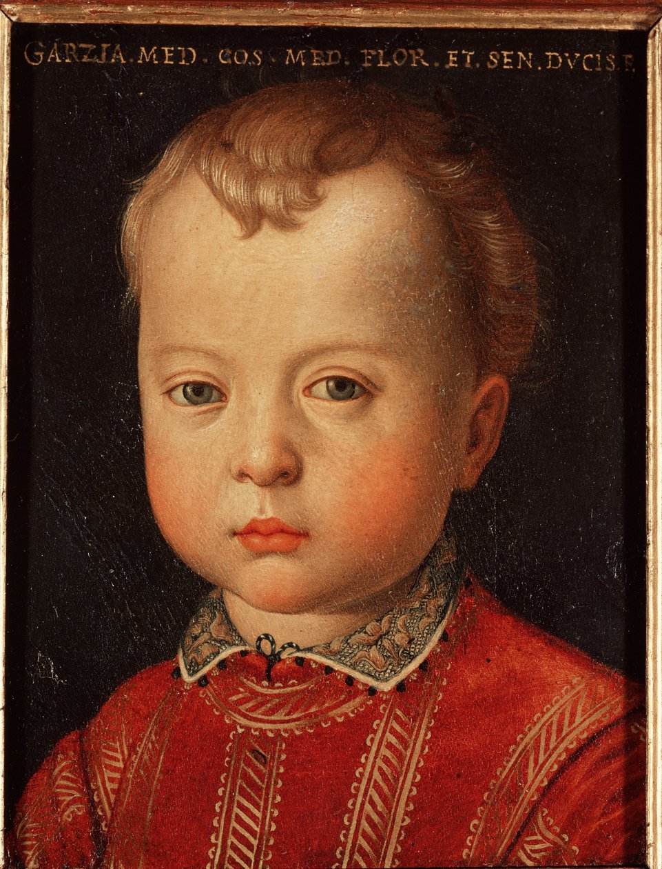 加西亚-德-美第奇(Garzia de Medici)(1547-1562)儿童肖像 画家：Allori Angelo di Cosimo dit Bronzino(1503-1572) 16世纪 太阳 15x12厘米 美第奇-里卡迪宫(Medici Riccardi) 佛罗伦萨 作者 Agnolo Bronzino