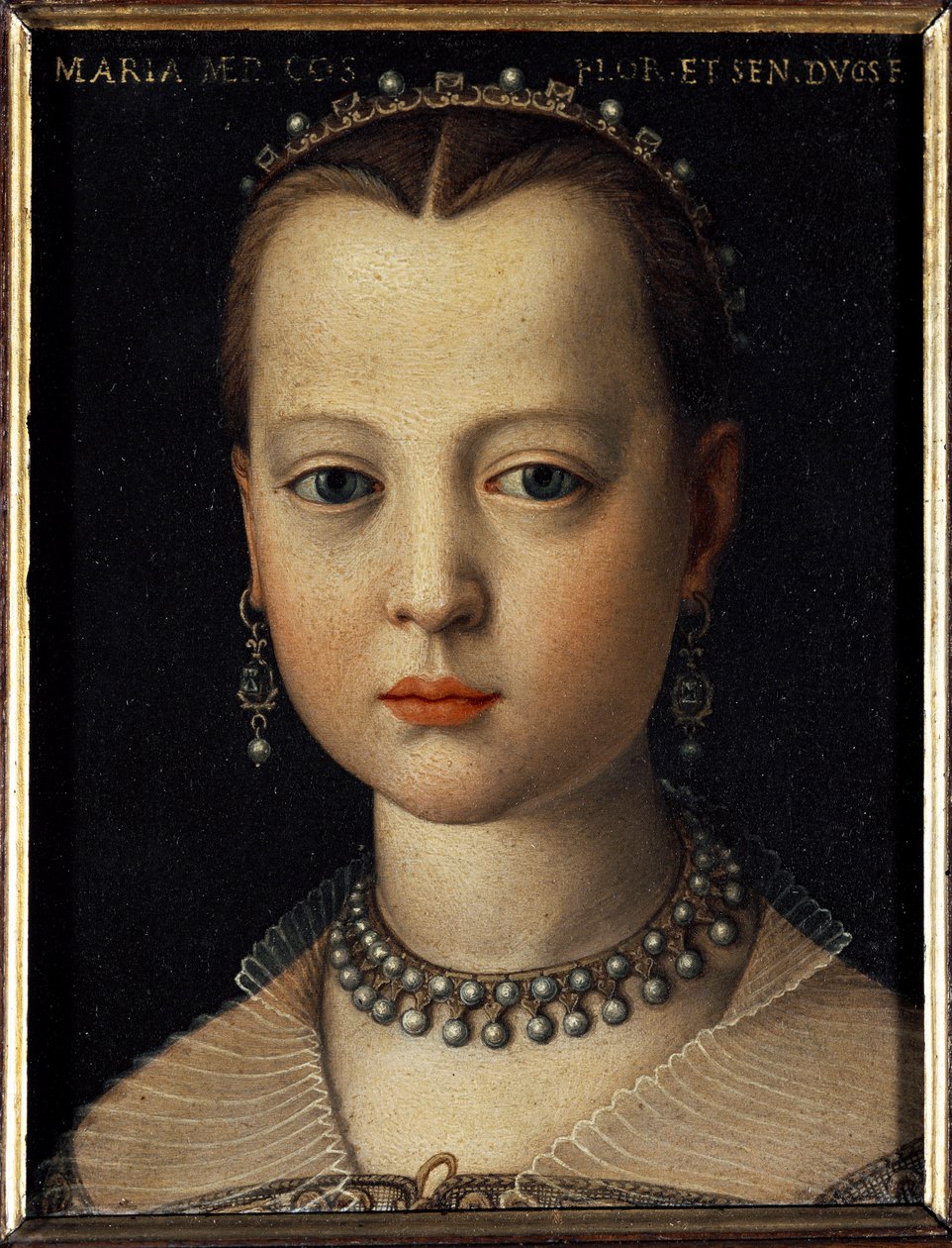 美第奇的玛丽 (1540-1557) 托斯卡纳的科西莫一世 (Cosimo I de Medici) 的女儿 (1519-1574)（托斯卡纳大公科西莫一世美第奇的女儿玛丽亚·德·美第奇的肖像）布龙齐诺 (Agnolo) 的绘画by Cosimo) (1503-1572) 1551 Dim 15x12 c 作者 Agnolo Bronzino