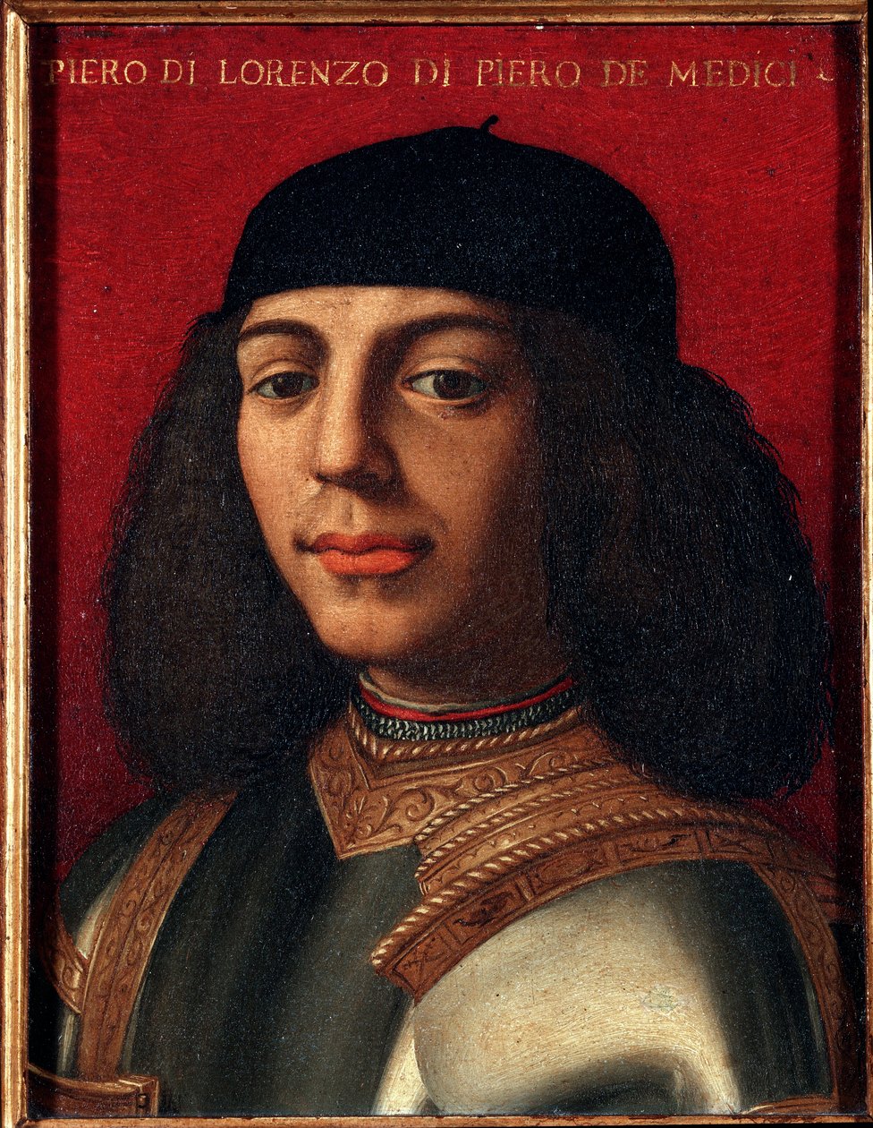 Portrait of Peter II of Medici (1472-1503) (Piero di Lorenzo de Medici or Piero the Unfortunate) Italian politician and military, son of Laurent the Magnificent Painting by Agnolo Allori called the Bronzino (1503-1572), oil on copper Dim 15x12 cm Palazzo M 作者 Agnolo Bronzino