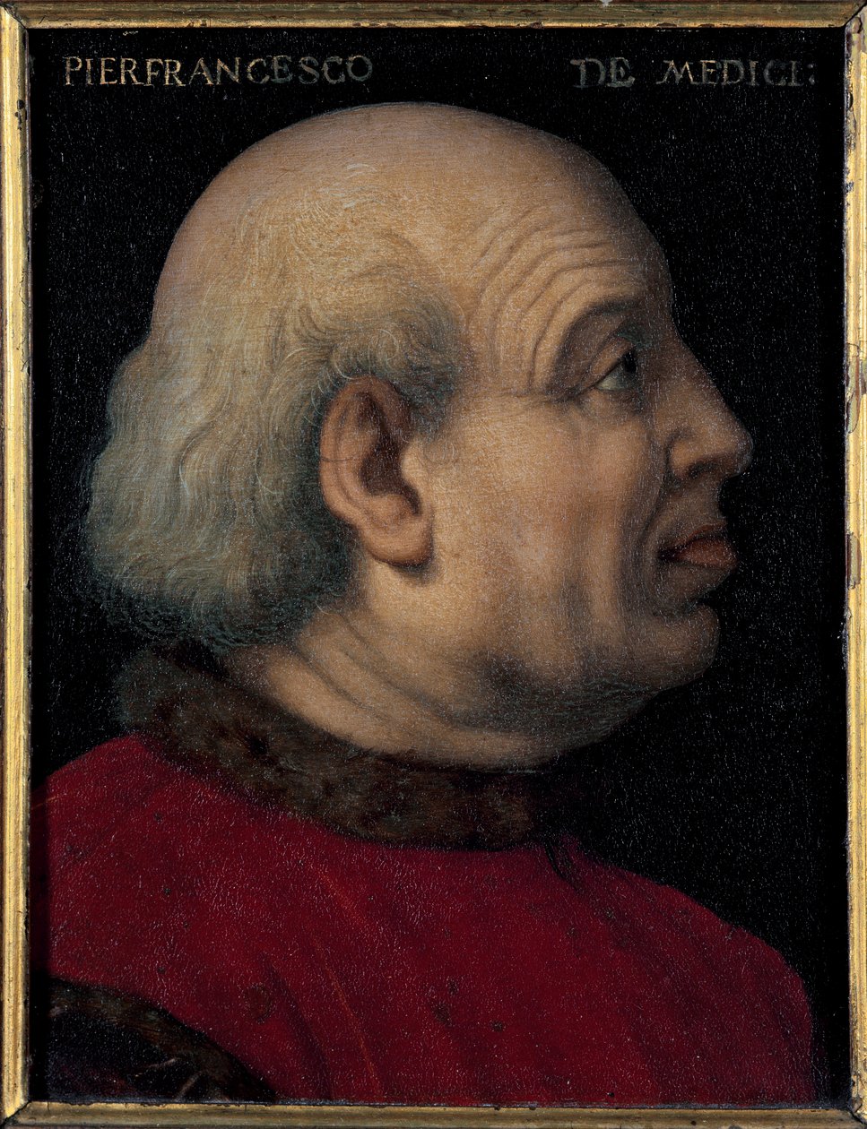 Pierfrancesco di Lorenzo de Medicis the Elder (1430-1476) 肖像 (Pierfrancesco de Medicis the Elder 意大利银行家和外交官，佛罗伦萨美第奇家族成员) 布龙齐诺 (Agnolo di Cosimo) 的绘画 (1503-1572) 昏暗的 15x12 厘米 作者 Agnolo Bronzino