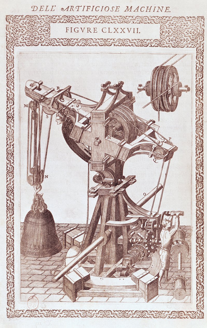 起重机，来自Agostino Ramelli的&39;Diverse Imaginary Machines&39;的插图，于1588年在巴黎出版（铜板雕刻） 作者 阿戈斯蒂诺·拉梅利（Agostino Ramelli）