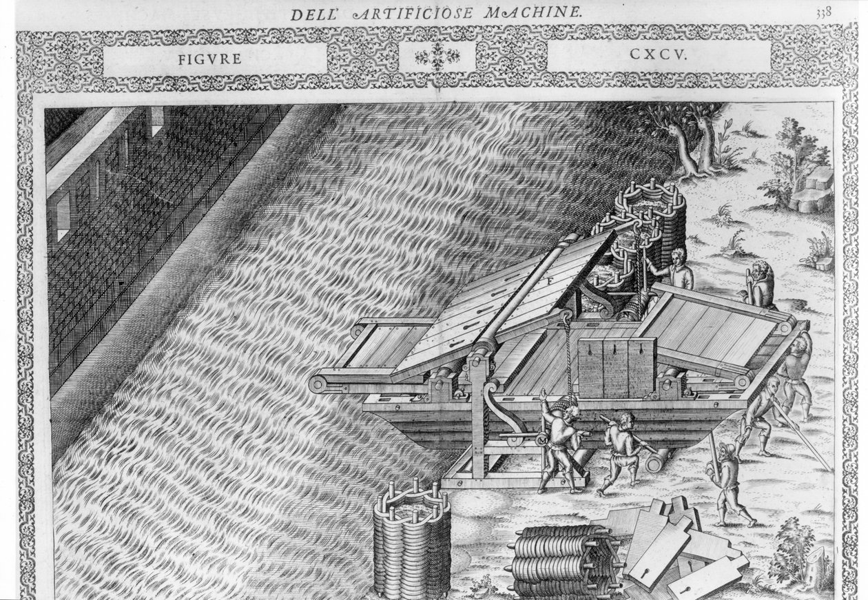 桥梁造型为船形，图片来自Agostino Ramelli的“Diverse Imaginary Machines”，于1588年在巴黎出版（铜版雕刻） 作者 阿戈斯蒂诺·拉梅利（Agostino Ramelli）