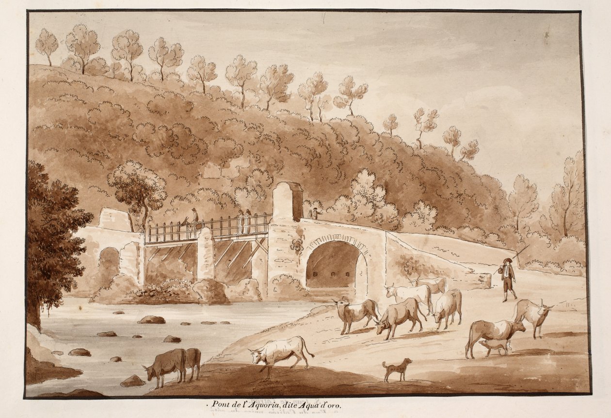 Ponte Aquoria，或Aqua d&39;oro，1833年（用棕色水洗蚀刻） 作者 阿戈斯蒂诺·托法内利