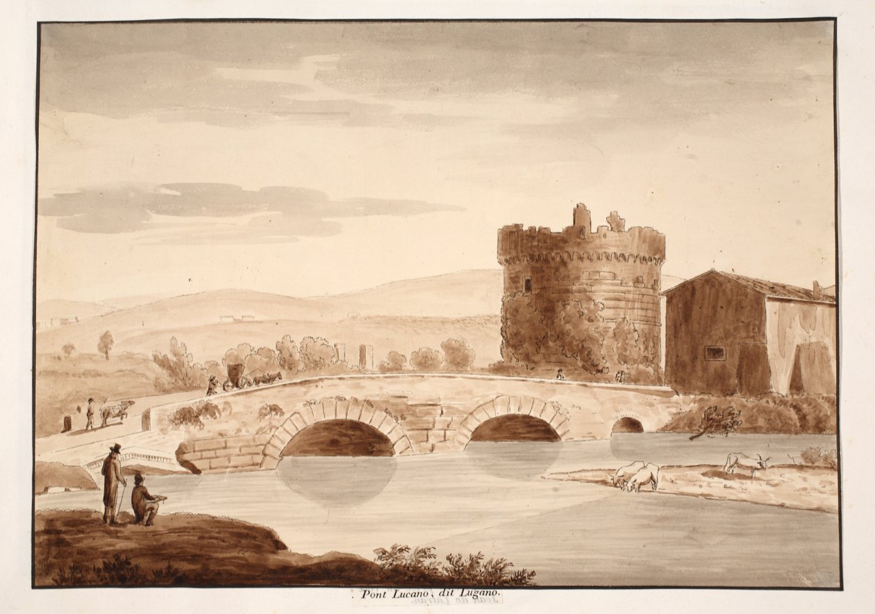 Ponte Lucano，或卢加诺，1883年（用棕色水洗蚀刻） 作者 阿戈斯蒂诺·托法内利