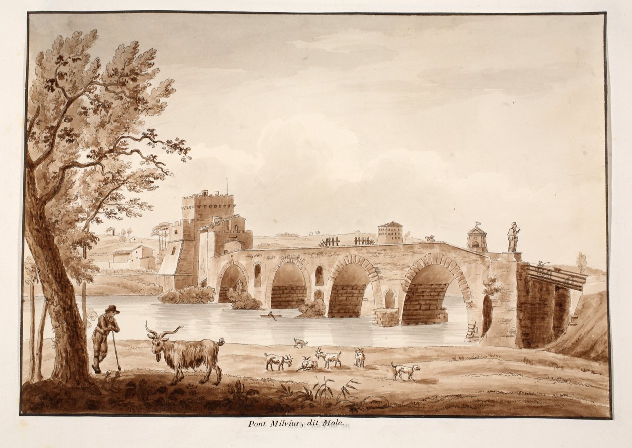 Ponte Milvio，或Ponte Molle，1833年（用棕色水洗蚀刻） 作者 阿戈斯蒂诺·托法内利