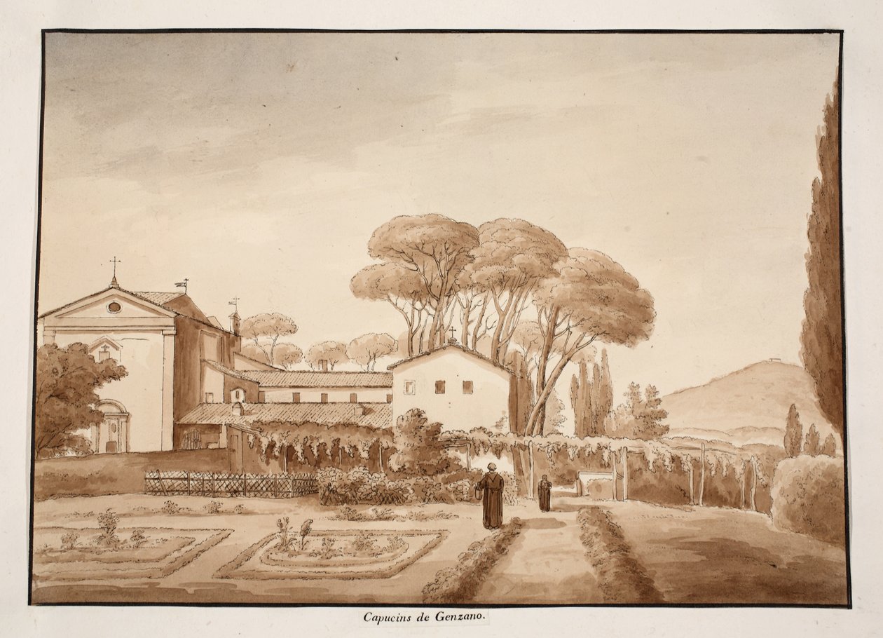 1833年Genzano的Capuchin修道院（用棕色水洗蚀刻） 作者 阿戈斯蒂诺·托法内利