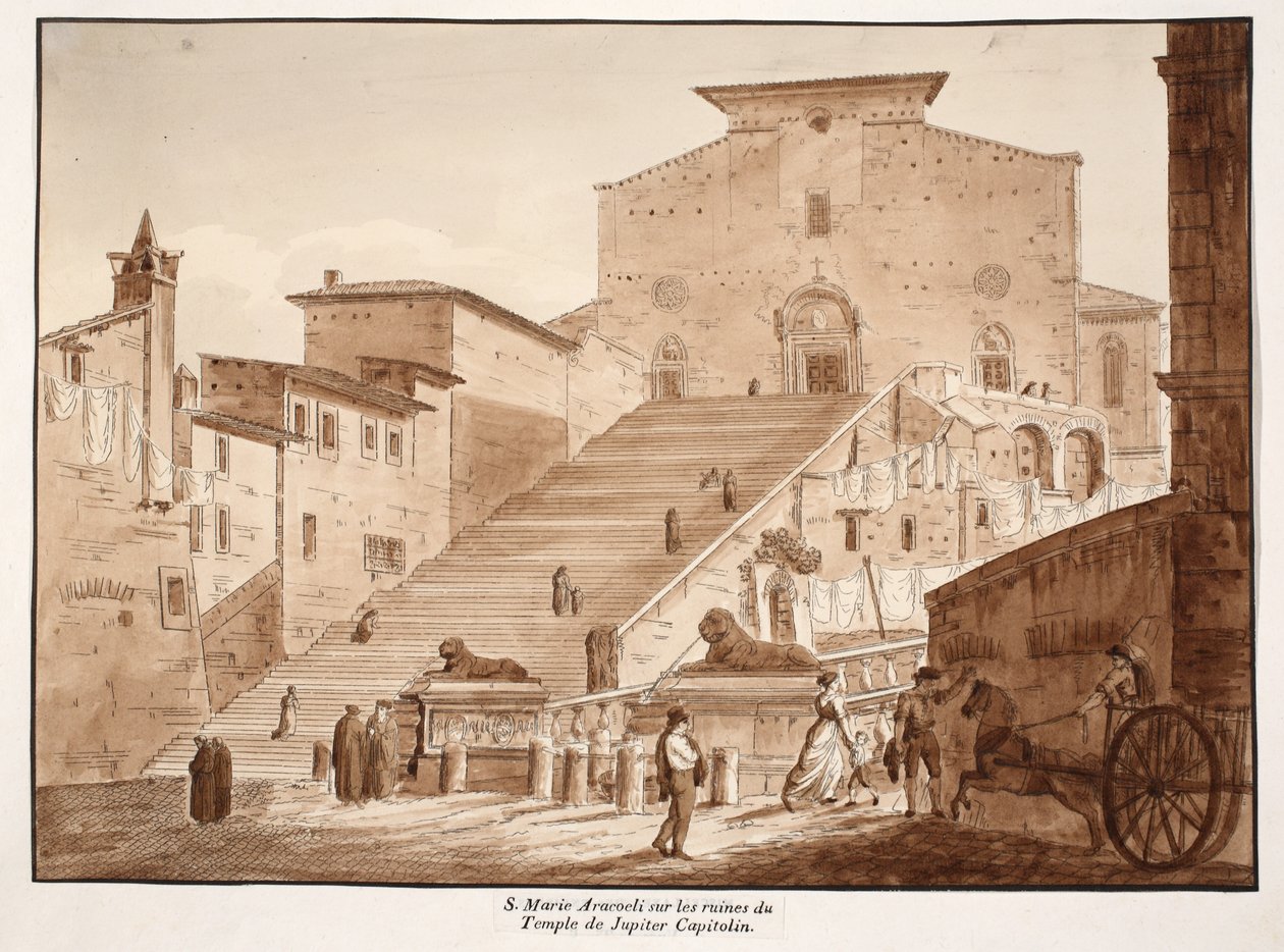 1833年木星Capitoline寺遗址上的Aracoeli圣玛利亚教堂（用棕色水洗蚀刻） 作者 阿戈斯蒂诺·托法内利