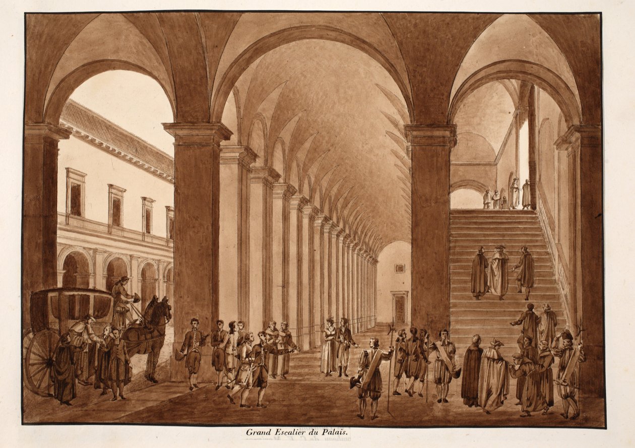 Palazzo del Quirinale的主楼梯，1833年（用棕色水洗蚀刻） 作者 阿戈斯蒂诺·托法内利