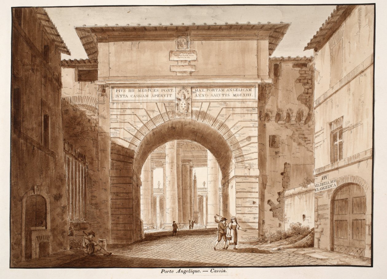 Porta Angelica  -  Cassia，1833年（用棕色水洗蚀刻） 作者 阿戈斯蒂诺·托法内利
