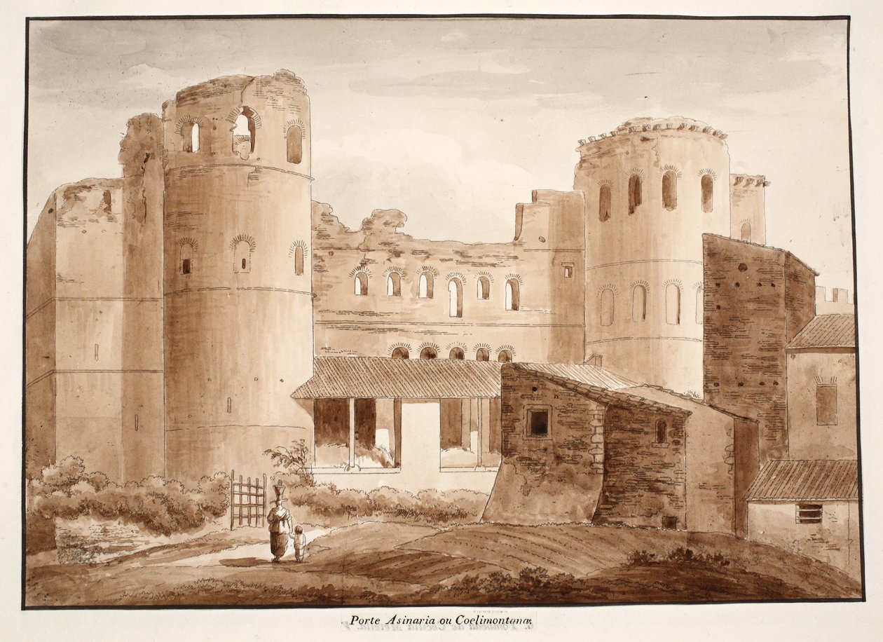 Porta Asinaria或Coelimontana，1833年（用棕色水洗蚀刻） 作者 阿戈斯蒂诺·托法内利