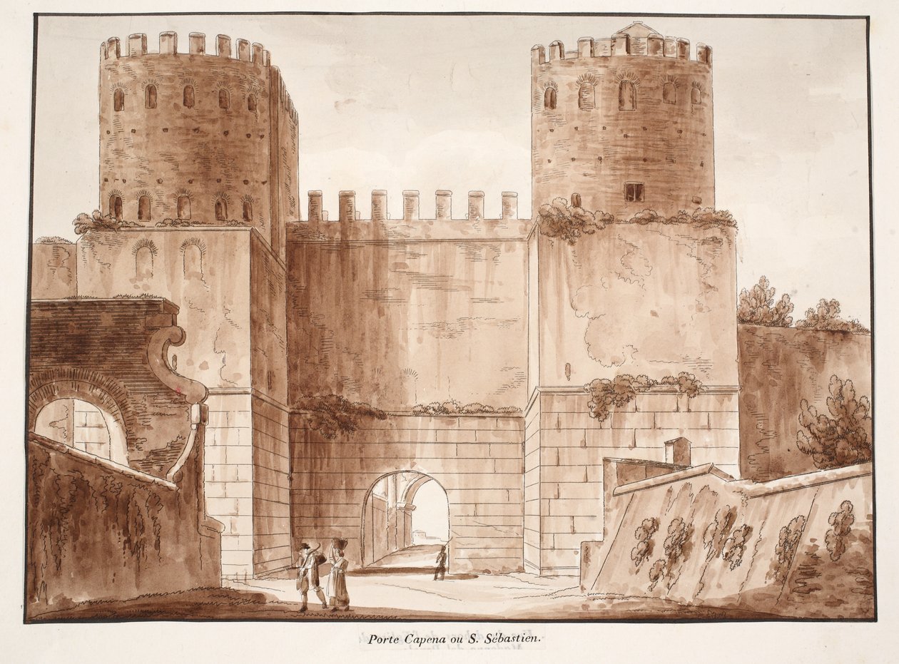Porta Capena或Porta San Sebastiano，1833年（用棕色水洗蚀刻） 作者 阿戈斯蒂诺·托法内利