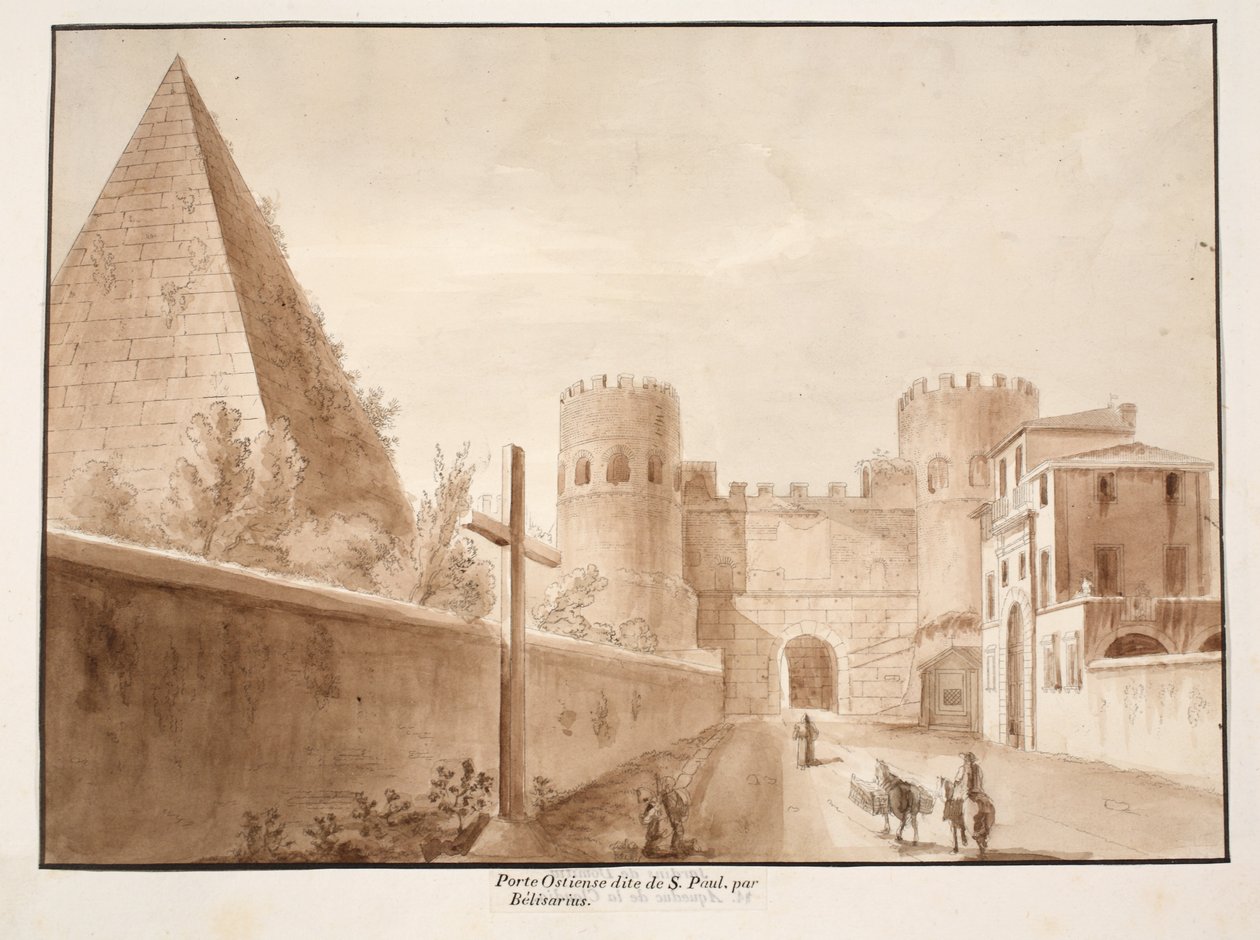 Porta Ostiensis或San Paolo，由Belisarius建造，1833年（用棕色水洗蚀刻） 作者 阿戈斯蒂诺·托法内利
