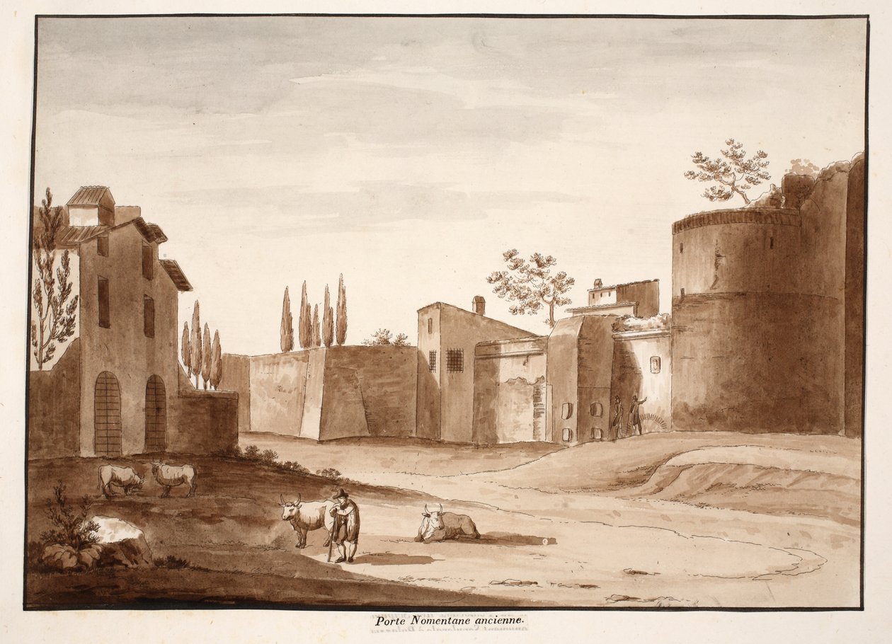 旧的Porta Nomentana，1833年（用棕色水洗蚀刻） 作者 阿戈斯蒂诺·托法内利