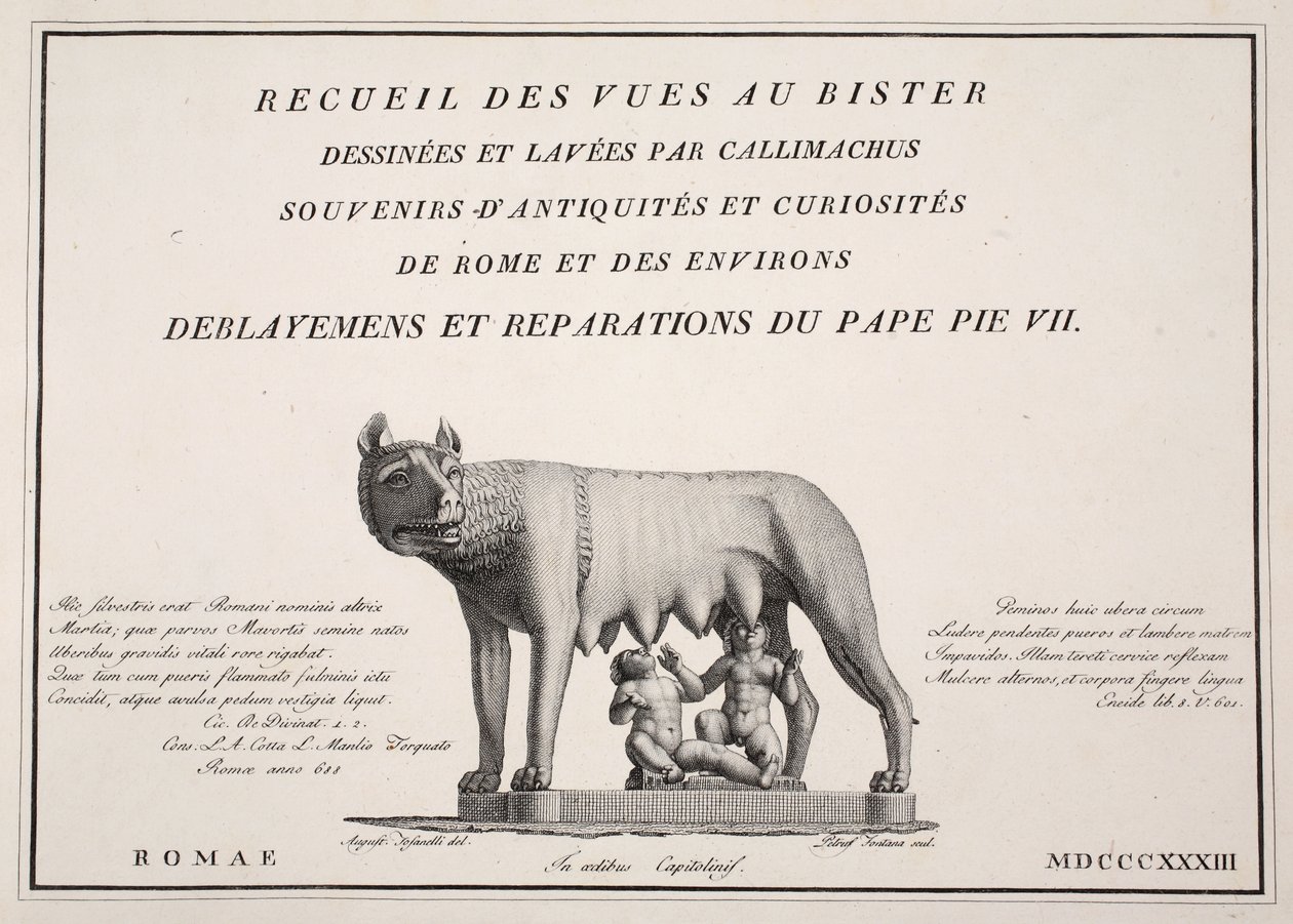 1833年“Callimachus绘制和冲洗的Bister的观点集，罗马和周边的古物和好奇心的回忆，教皇庇护七世的替代和修复”的标题页（engravi 作者 阿戈斯蒂诺·托法内利