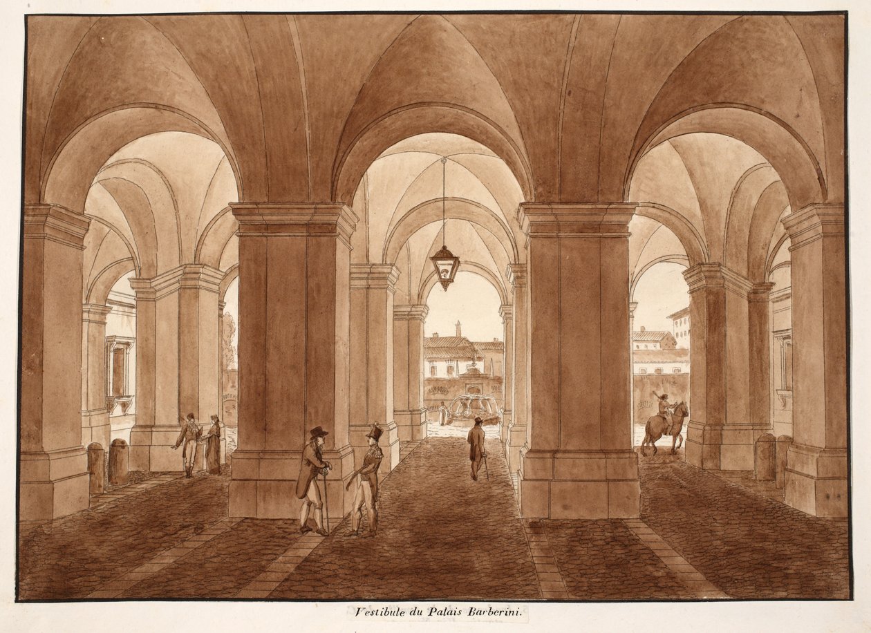 Palazzo Barberini的前庭，1833年（用棕色水洗蚀刻） 作者 阿戈斯蒂诺·托法内利