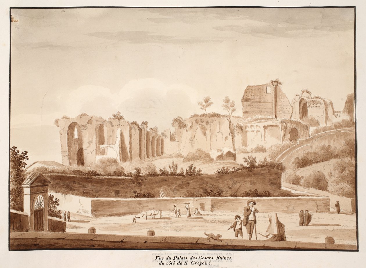 从Via di San Gregorio看到的Caesars宫殿的视图，1833年（用棕色洗涤蚀刻） 作者 阿戈斯蒂诺·托法内利